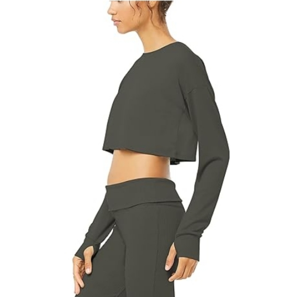 Bestisn Long Sleeve Crop Sweatshirt Top with Thumb Hole Charcoal